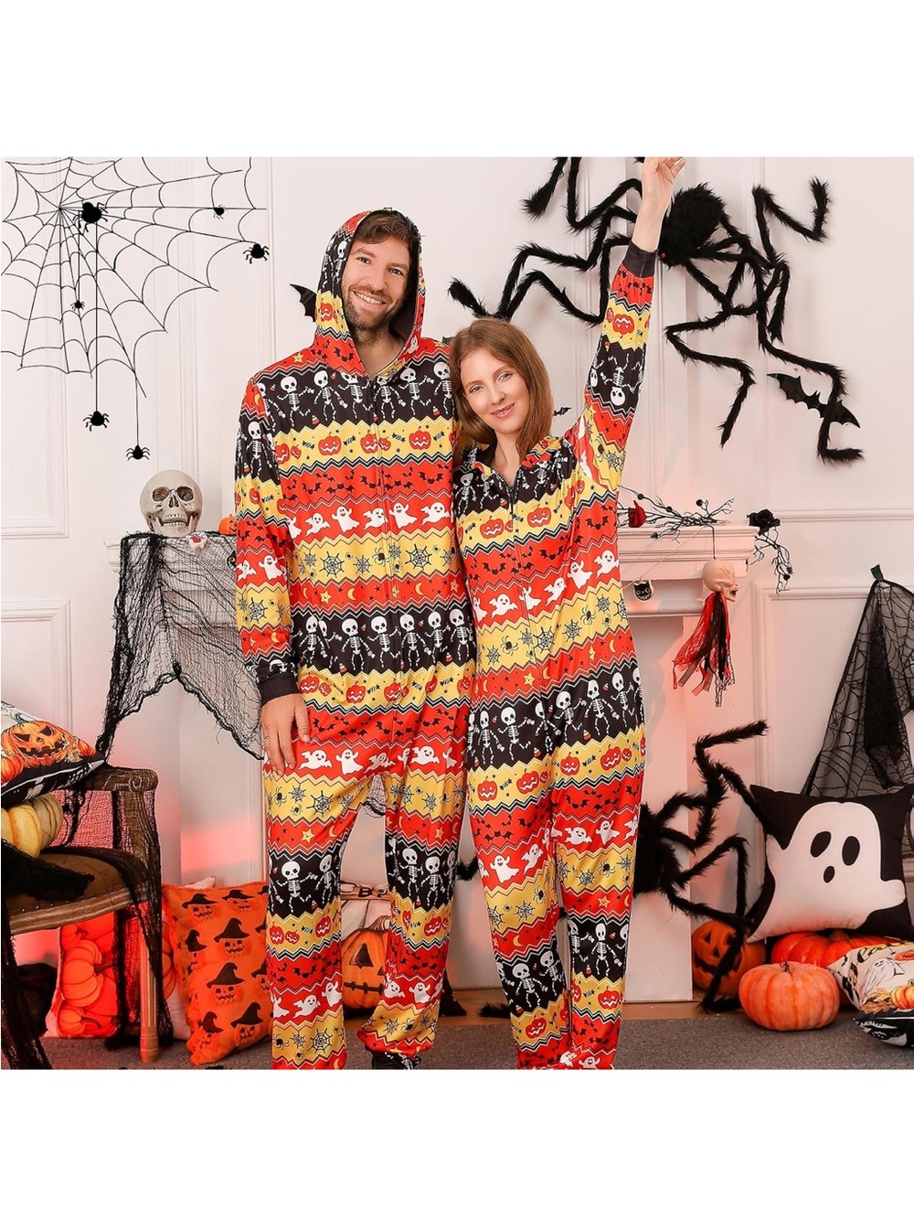 Amazon adult Halloween Skeleton & Ghost Hooded One-Piece pajama onesie costume